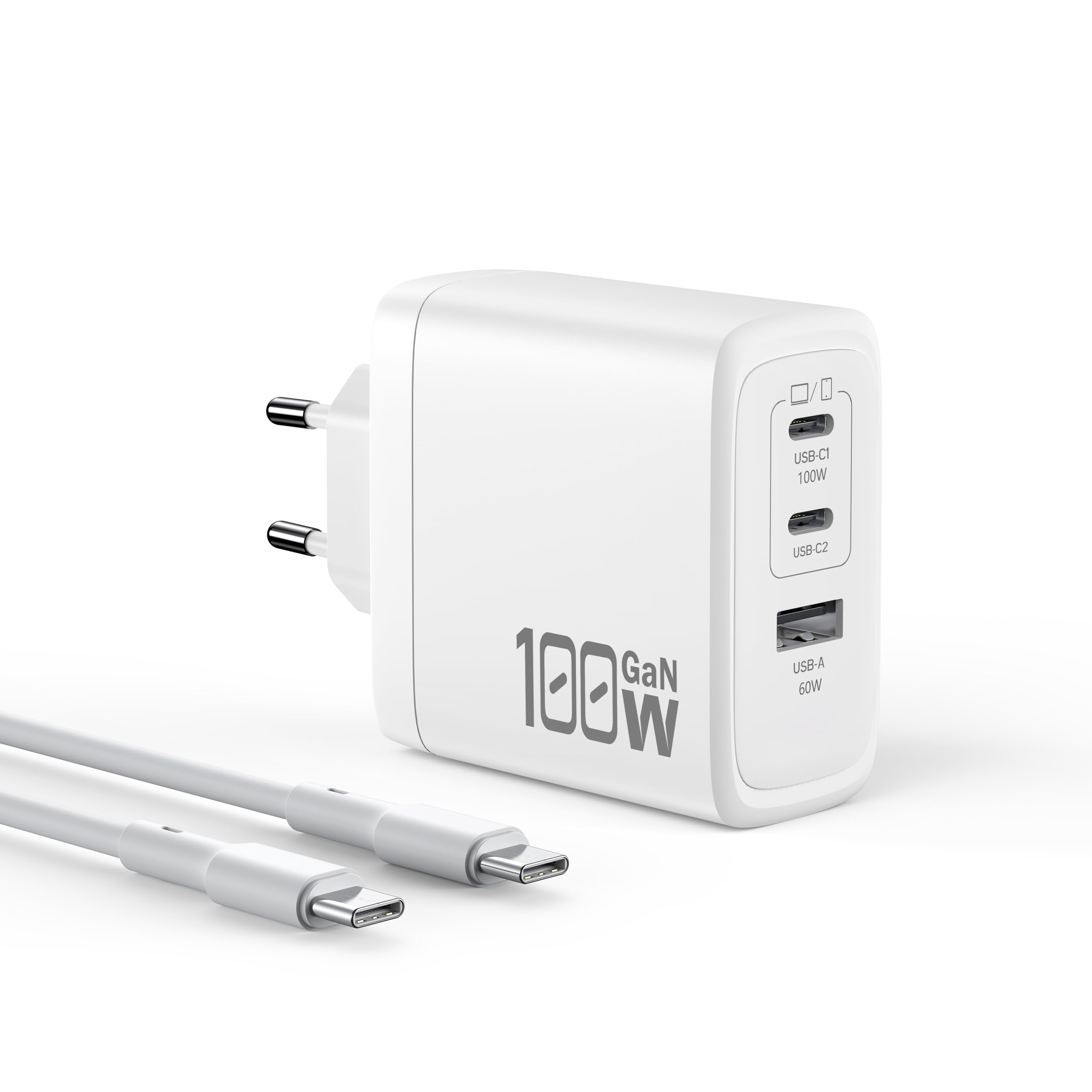 OUFUYU 100W Caricatore USB C GaN 3 Porte, Caricabatterie USB Muro, Alimentatore Compatibile con MacBook Pro/Air, iPad Pro/Air/Mini, iPhone 16/15/14, Galaxy S24/ S23/ 22, Tablet, Cavo da 1,8 m Incluso