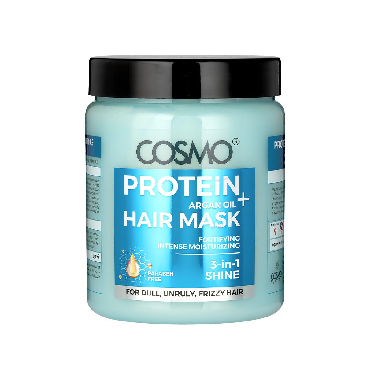 Cosmo Hair Care Blue Protein + Argan Oil Hair Mask 1000ml - 33.8 fl.oz, Fortifying, Intense Moisturizing, 3 in 1 Shine, For Dull, Unruly, Frizzy Hair, Paraben Free, All Hair Types, Treatment