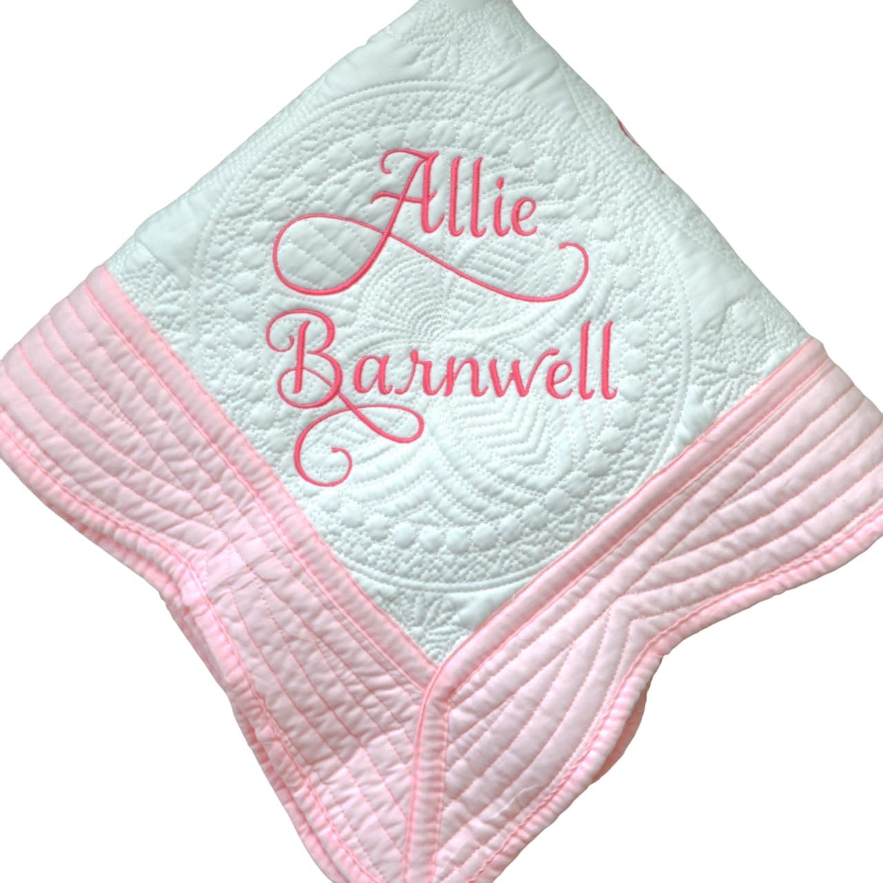 Personalized Baby Blanket Quilt with Name Date Newborn Gift Girl Boy Crib Size White Cotton Custom Pink Blue White Embroidered Nursery