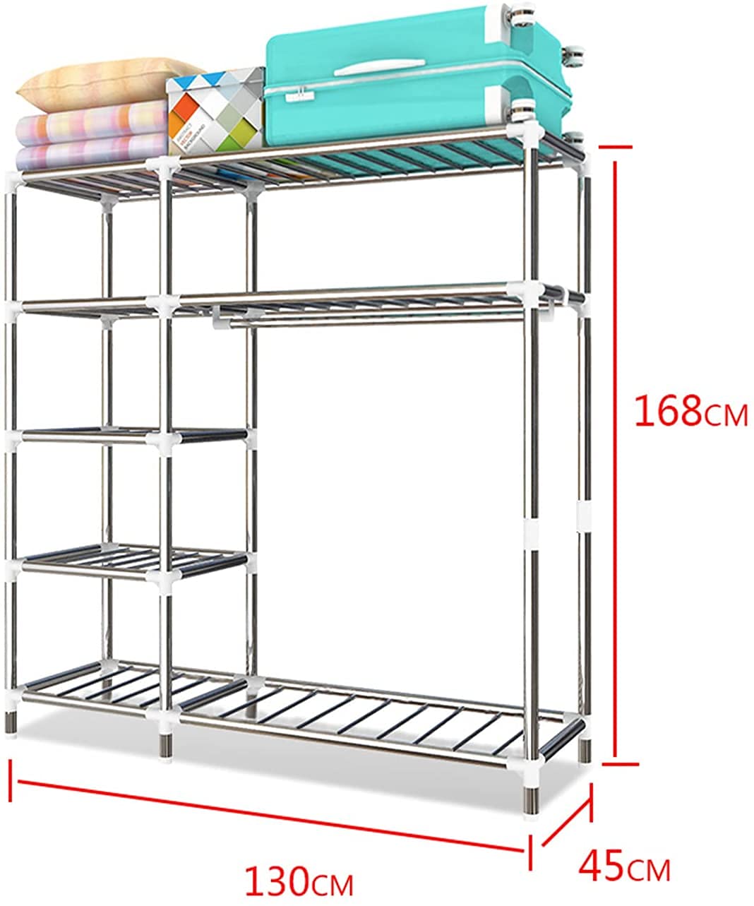 Przenośna szafa Szafa na ubrania Sypialnia dziewczynki, Prosta przenośna szafa na ubrania Wielofunkcyjny metalowy wspornik Szafa Organizator E, 168 * 130 * 45 cm Przenośny wieszak