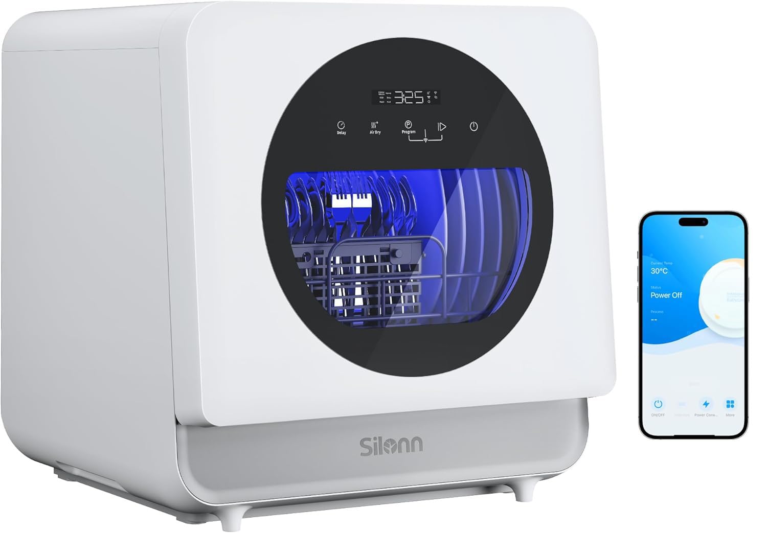 Lavavajillas portátil de encimera Silonn con control de aplicación Mini lavavajillas con tanque de agua de 5L para apartamentos y vehículos recreativos No necesita conexión Lavavajillas con 8 programas de lavado 4 configuraciones de cubiertos Secado automático al aire