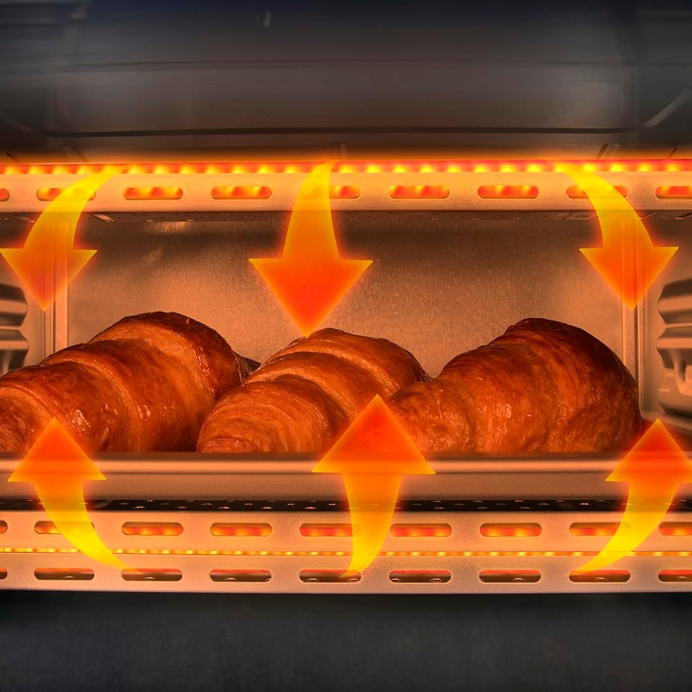 Illustration of heat circulation within the mini oven, indicating even cooking.