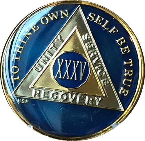 35 Year Midnight Blue Aa Alcoholics Anonymous Medallion Chip Tri Plate Gold & Nickel Plated Xxxv #TOP7