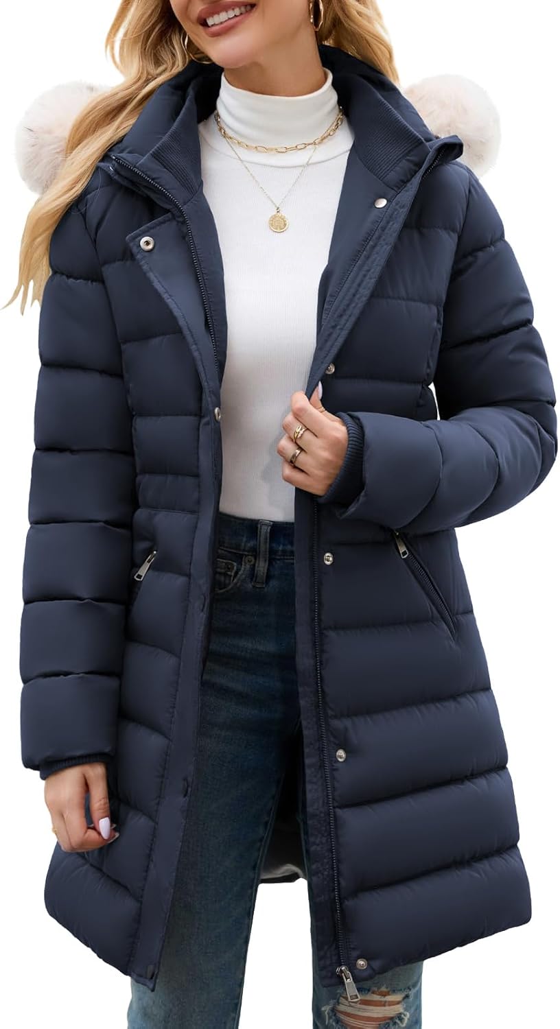 Women's Winter Thicken Fleece Lined Puffer Coat Mid-Length Down Jacket with Removable Faux Fur Hood, Warm Snow Parka - Image 3