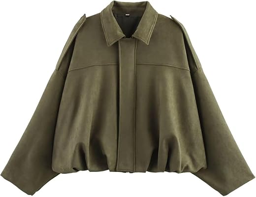 Xunger Women's Faux Suede Bomber Jacket Spring Lapel Pilot Coat Casual Oversized Long Sleeves Trendy Streetwear Outerwear