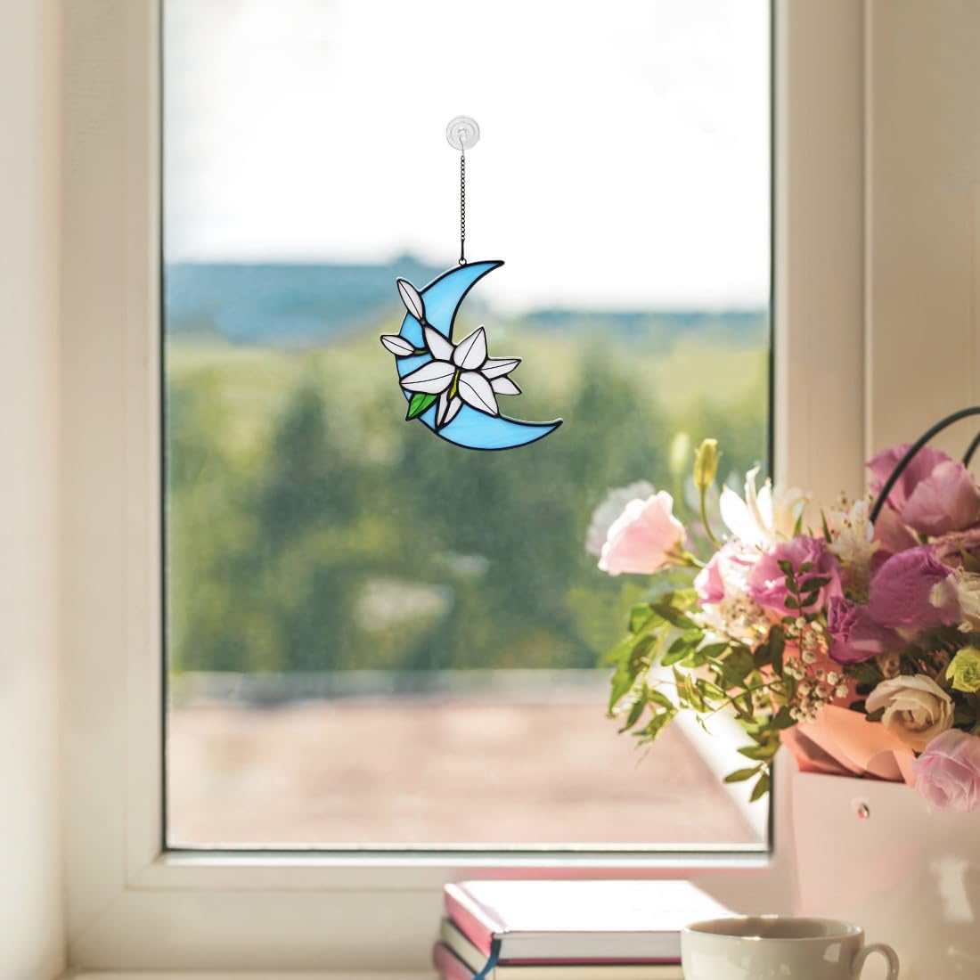 BOXCASA Lily Flower Decor Stained Glass Window Hangings,Artificial Flowers Gift for Women,Fake Flowers Ornament Stained Glass Suncatcher for Window Best Gifts for Teacher Mom Grandma