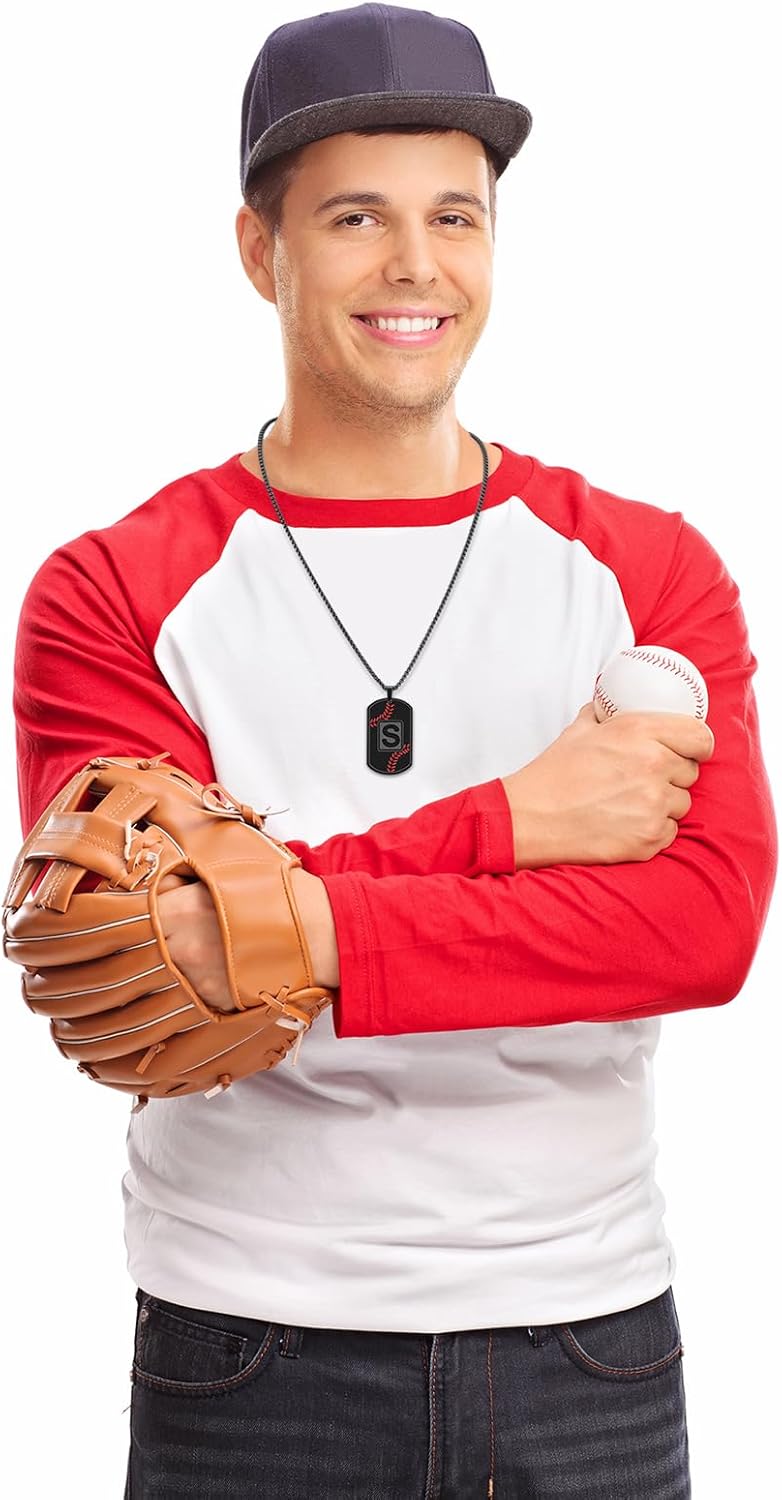 RWQIAN Baseball Necklace for Men,Initial A-Z Dog Tag Necklace for Men,Baseball Athletes Accessories Personalized Military Pendant 24 Inch Chain,Graduation Necklace for Father's Day Gifts - Image 3