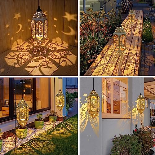 Set Of 2 Outdoor Solar Lanterns Waterproof Hanging Garden Decor Led Metal Moon Star Fairy Solar Lanterns Fairy Solar Lights For Table,Patio,Balcony,Yard Decor,Christmas,Birthday Gifts For Mom(White) #TOP2
