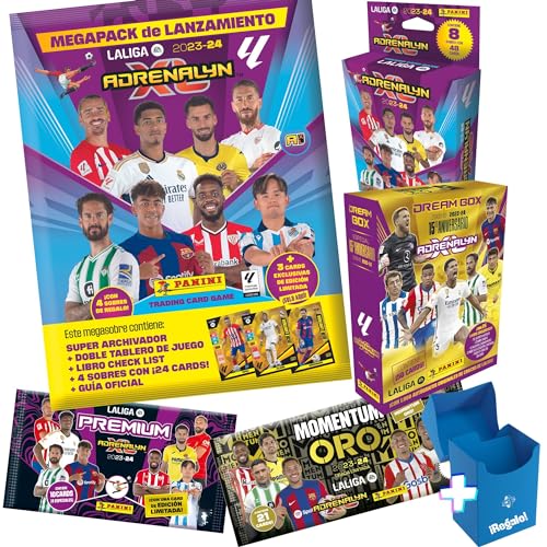 MEGAPACK Total con Archivador y Sobres ADRENALYN 2023 2024 Liga de Futbol Cromos Panini - Incluye Album, Sobres Premium y DreamBox 15 Aniversario y Regalo