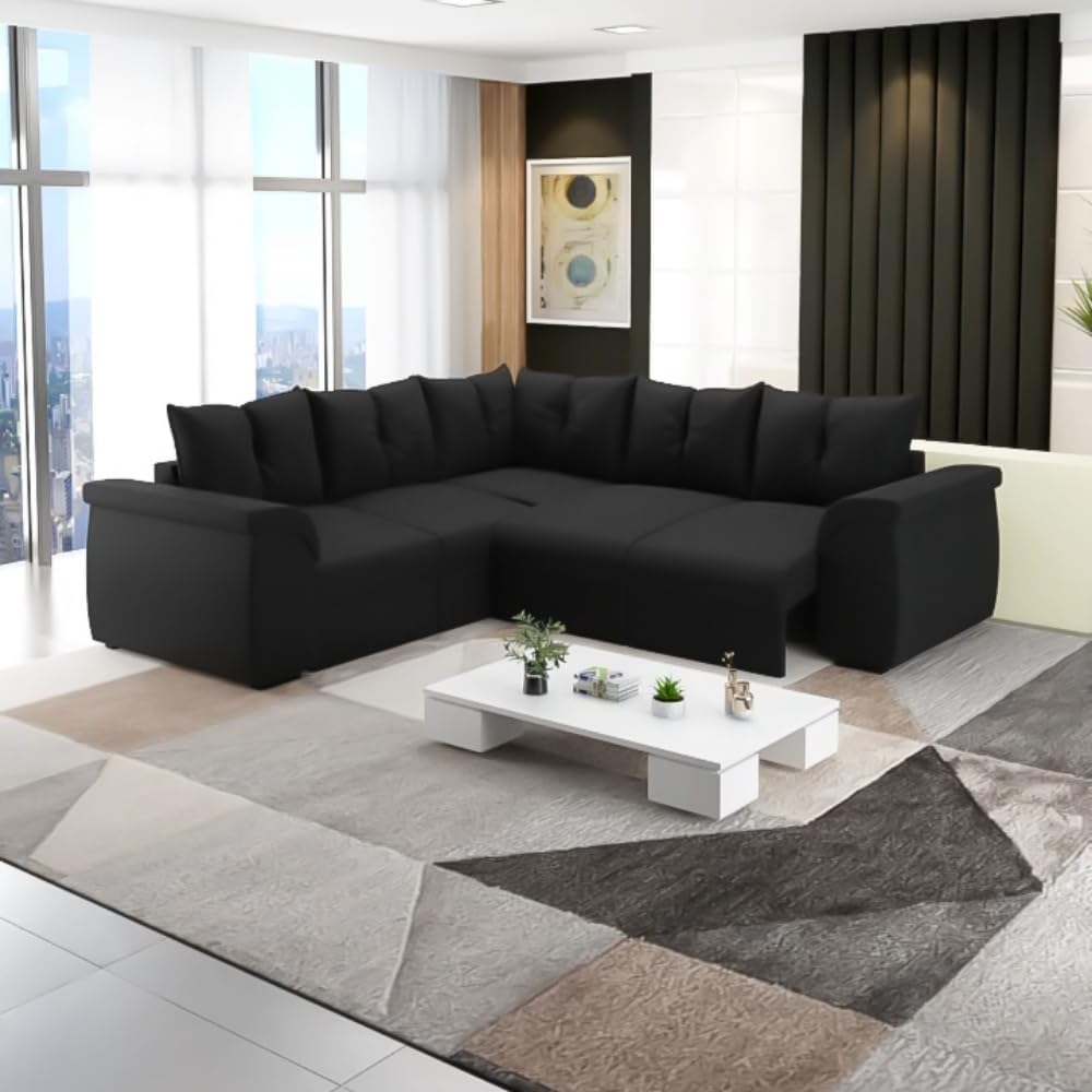 Sofá de Canto 5 Lugares Retrátil Qatar Suede Preto