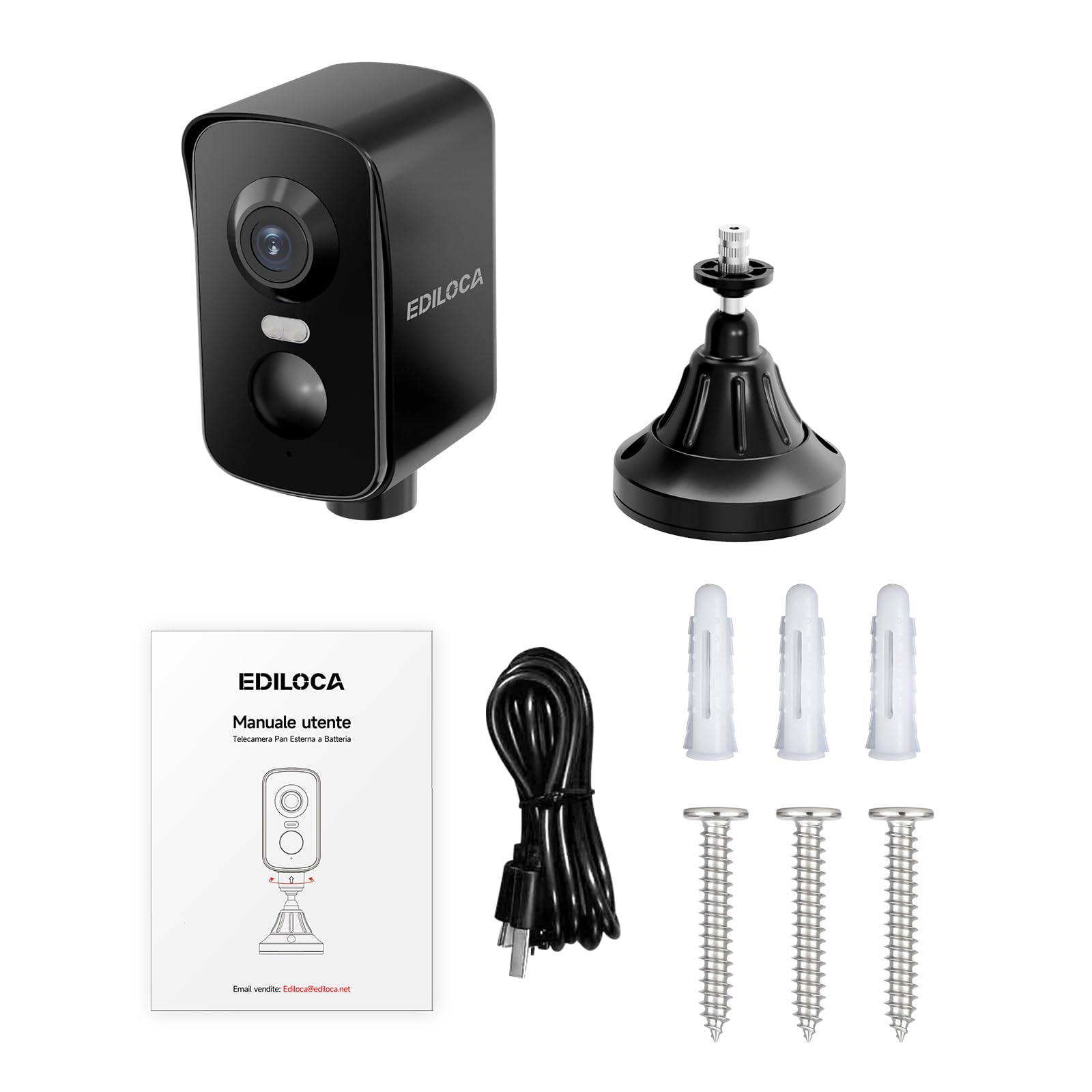 Telecamera WiFi Interno/Esterno, Videocamera Sorveglianza 2K 3MP Senza Fili Batteria Ricaricabile, Rotazione 300°, Rilevamento Umano PIR, Visione Notturna a Colori, Impermeabile IP65-Black