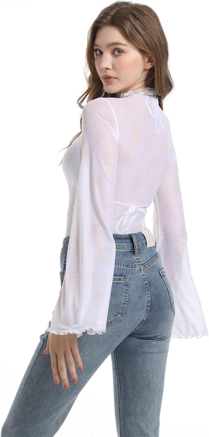 Durio 70s Womens Bell Sleeve Top Floral Tops for Women Disco Outfit Mock Neck Tops Semi Sheer Mesh Long Sleeve Top
