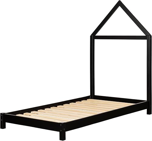 South Shore Sweedi - Cama con cabecera de marco de casa, tamaño individual, color negro mate