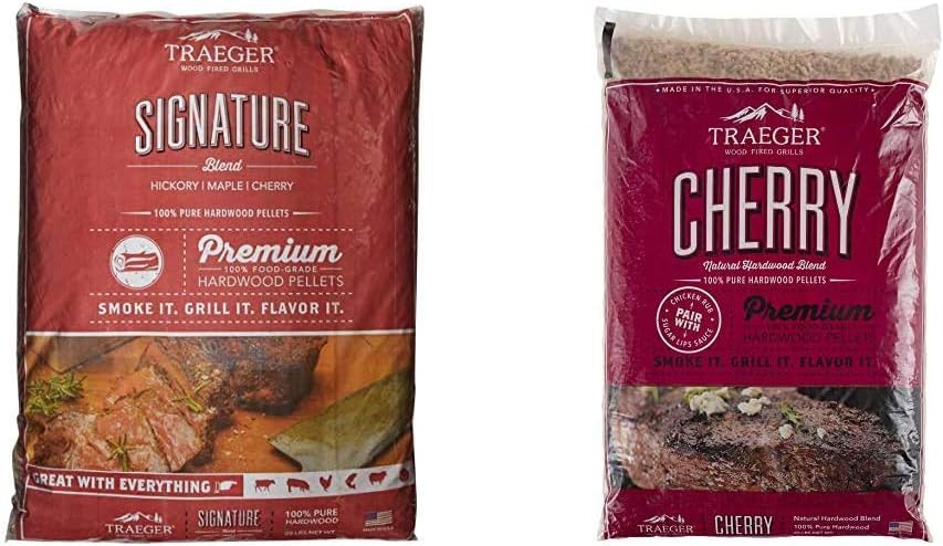 Traeger Grills PEL331 Signature Blend 100% All-Natural Hardwood Pellets(20 lb. Bag) & Grills PEL309 Cherry 100% All-Natural Hardwood Pellets Grill, Smoke, Bake, Roast, Braise and BBQ, 20 lb. Bag : Garden & Outdoor