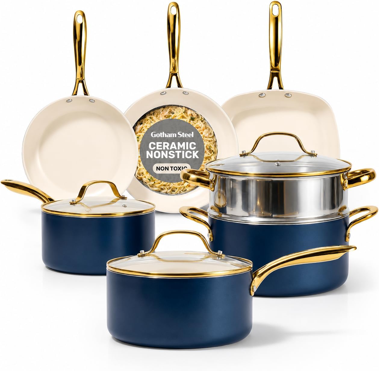 Gotham Steel 12 Pc Ceramic Cookware Set Nonstick, Ceramic Pots and Pans Set Non Stick with Steamer for Cooking, Non Toxic PFOA PFOS Free, Premium Stay Cool Handles, Oven & Dishwasher Safe
