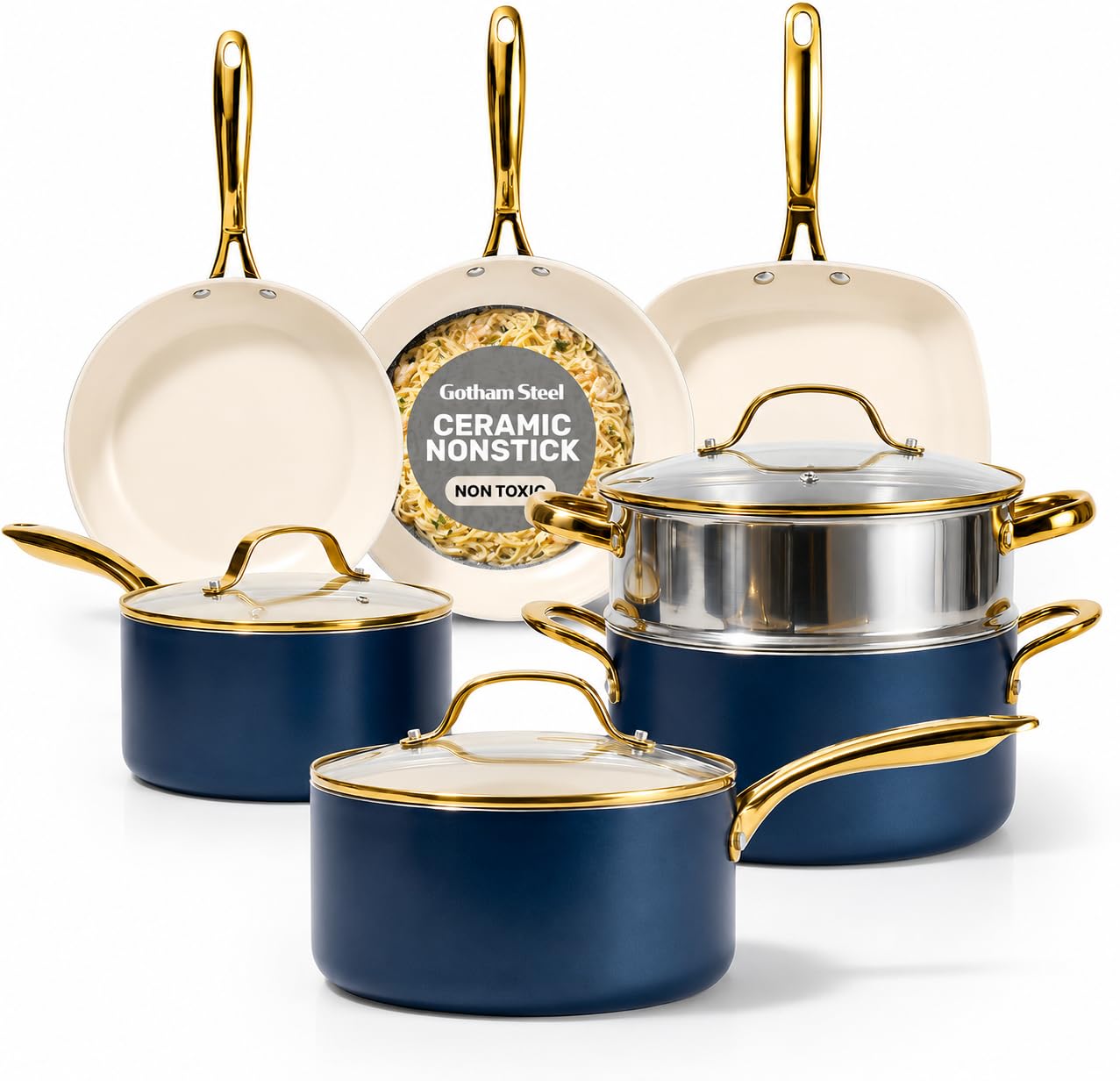 Gotham Steel Lot de 12 casseroles et poêles en céramique antiadhésives avec cuiseur vapeur pour la cuisine, non toxique, sans PFOA, poignées de qualité supérieure, passent au four et au lave-vaisselle