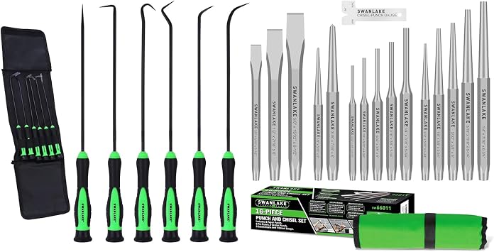 Bundled products-2 items 6-piece Pick and Hook Set, Pick Tool Set for Car Auto & 16-piece Punch and Chisel Set, Including Taper Punch, Cold Chisels, Pin Punch, Center Punch