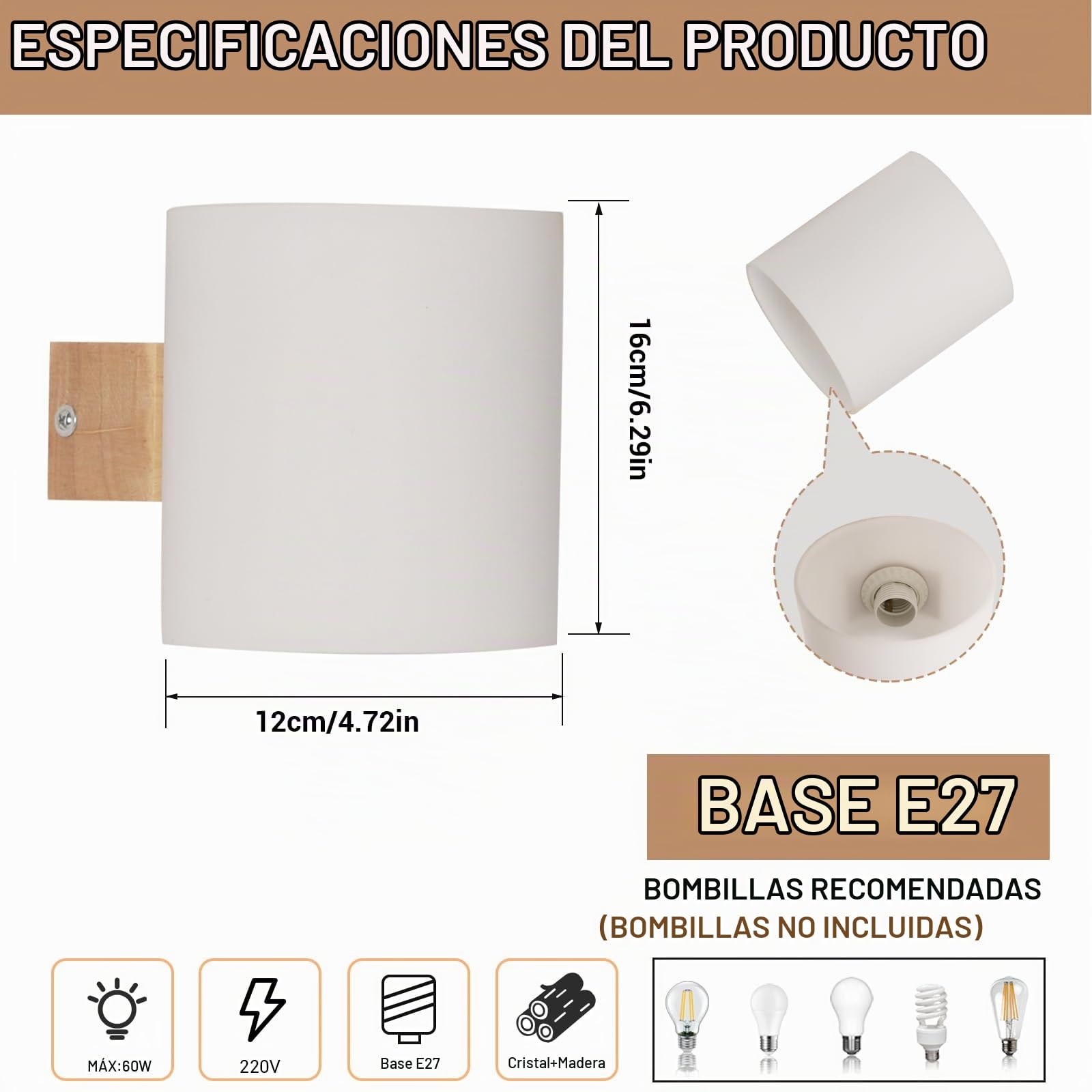 2 Piezas Aplique de Pared Interior Madera, E27 Lámpara de Pared | Lámpara de Pared E27 Pantalla de Vidrio, Madera Luz de Pared para Dormitorio Pasillo Sala de Estar (Bombillas no Incluidas)