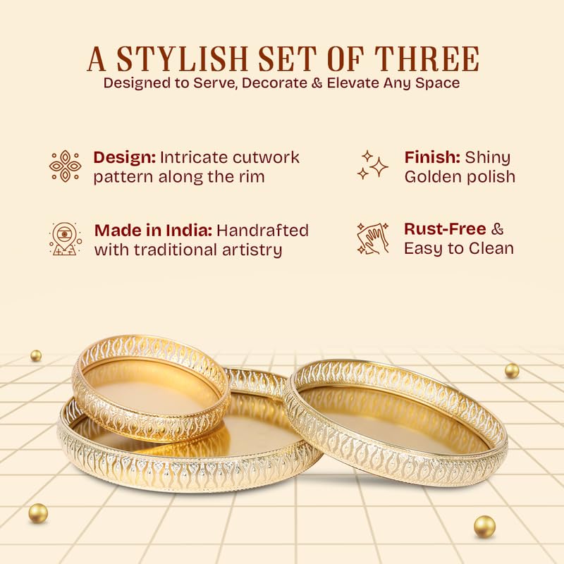 Image of R Ayurveda Copper 3-Piece Premium Golden Metal Tray Set | Decorative Round Trays for Serving, Gifting, and Home Decor