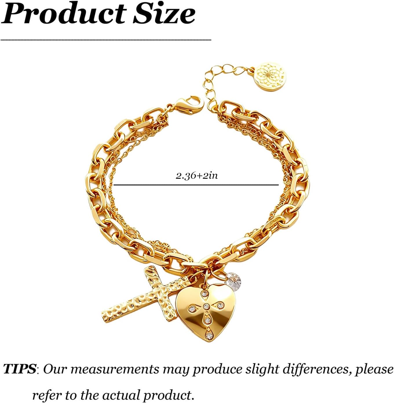 Chunky Gold Chain Bracelet Heart Gold Cross Charm Paved Crystal Jewelry Trendy Vacation Style Bridesmaid Layered Jewelry Birthday Gift for Women - Image 6