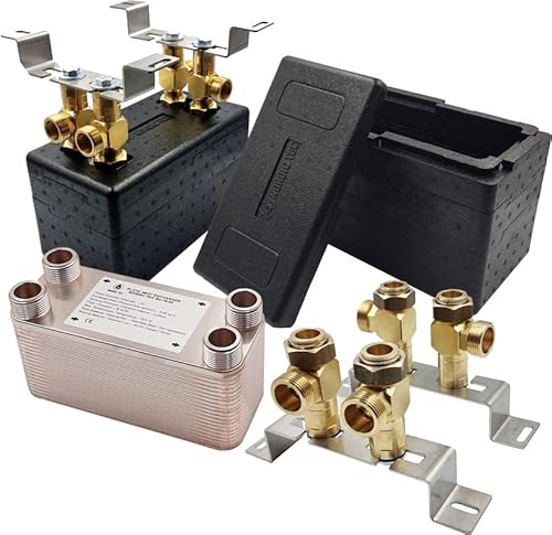 SANITLINE Edelstahl Wärmetauscher Plattenwärmetauscher mit Isolierung und Wandhalterung NORDIC TEC Ba-16-40, 4x 1" Aussengewinde, 150 kW, 40 platten Cover