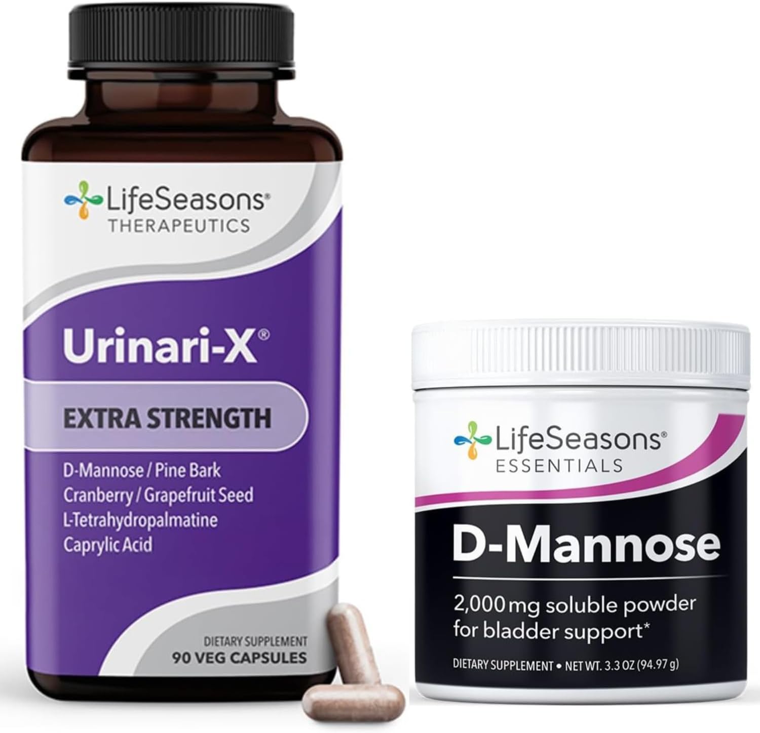 LifeSeasons Urinari-X Extra Strength + D-Mannose Powder Bundle – Fast UTI Relief & Urinary Tract Support – Cranberry, Grapefruit Seed, Caprylic Acid – Promotes Bladder Comfort & Healthy Microflora