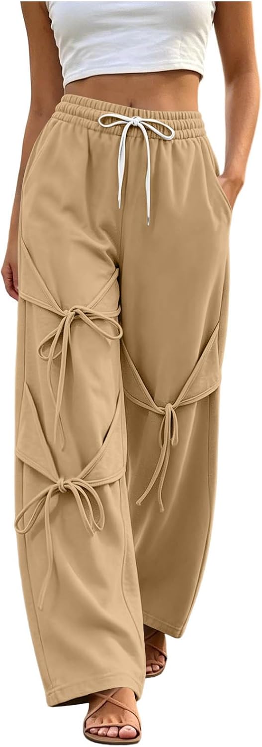 Womens Sweatpants Drawsting Bow Tie Wide Leg Pants Y2K Streetwear | Casual Elastic High Waisted Track Pants with Pockets Loose Soft Workout Sweat Pant for Travel Lounge