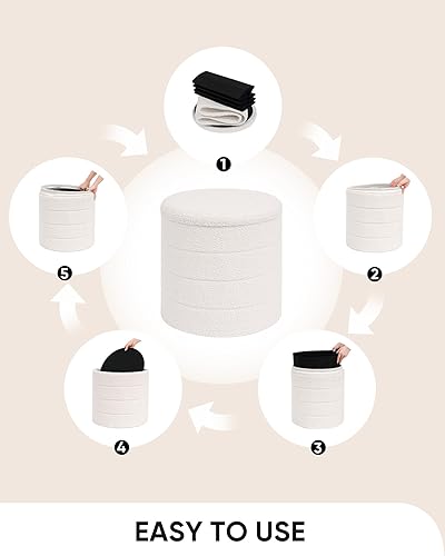 Miniatura 6 de B FSOBEIIALEO Otomana con Stroage, taburete otomano redondo de almacenamiento de sherpa, reposapiés Boucle de 16.9 x 16.9 x 17.7 pulgadas (blanco