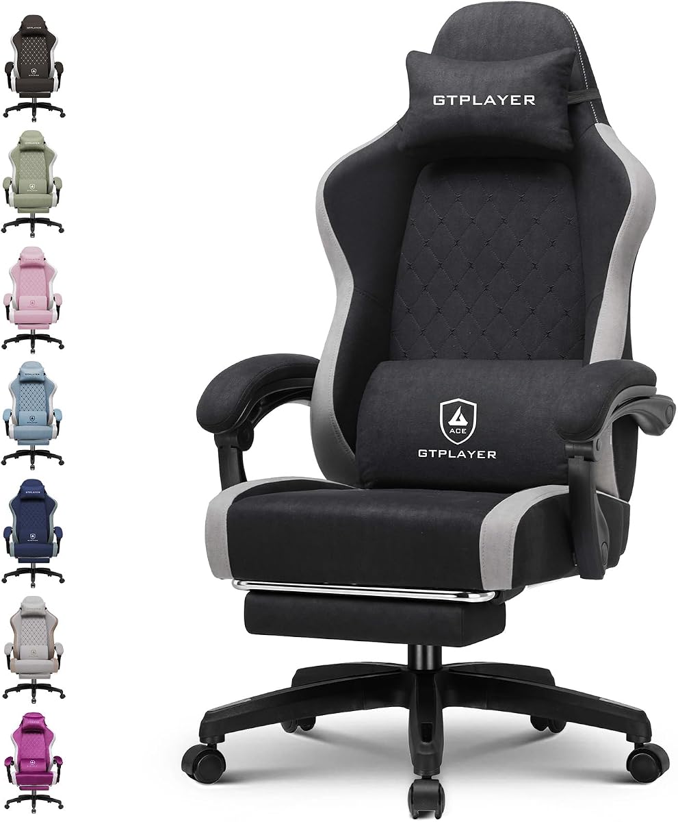 Gaming Chair Fabric with Pocket Spring Cushion, Big and Tall Gamings Chairs 350LBS High Back Computer Chair with Footrest for Adults Lumbar Support Swivel Game Chair for Office Black