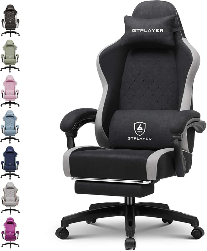 Gaming Chair Fabric with Pocket Spring Cushion, Big and Tall Gamings Chairs 350LBS High Back Computer Chair with Footrest for Adults Lumbar Support Swivel Game Chair for Office Black