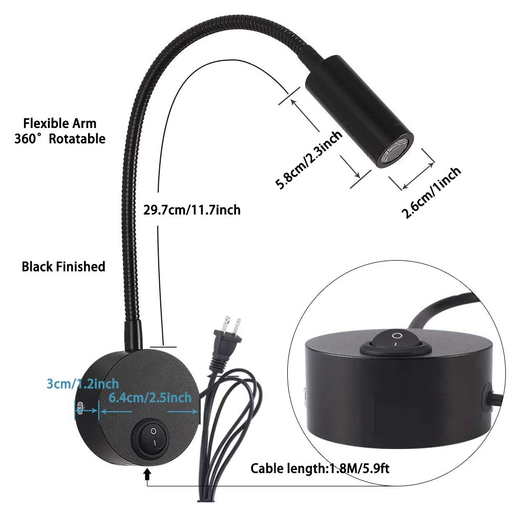 Ygapuzi 3W LED Bedside Reading Light Flexible Gooseneck Book Lamp Wall Mount Headboard Spotlight with Plug and On/off Switch for Working, Study, Art Display (Black Cool White)