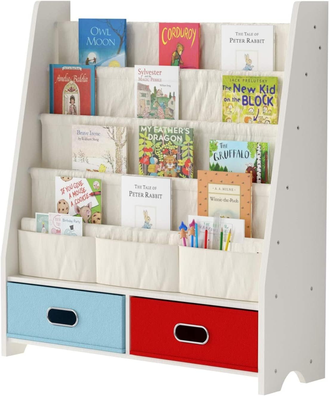 SEIRIONE Sturdy Kids Bookshelf, Children Display Rack, 4 Sling and 2 Storage Boxes for Toys Organizer, White/Wood Texture
