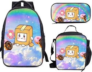 Lankybox Cartoon Backpacks 3 Pcs Set, FOXY ROCKY MILKY BOXY 3D Printed School Bag Lunch Bag and Pencil Case, Lightweight Casual Schoolbag for Student Teen Boys Girls (5#)