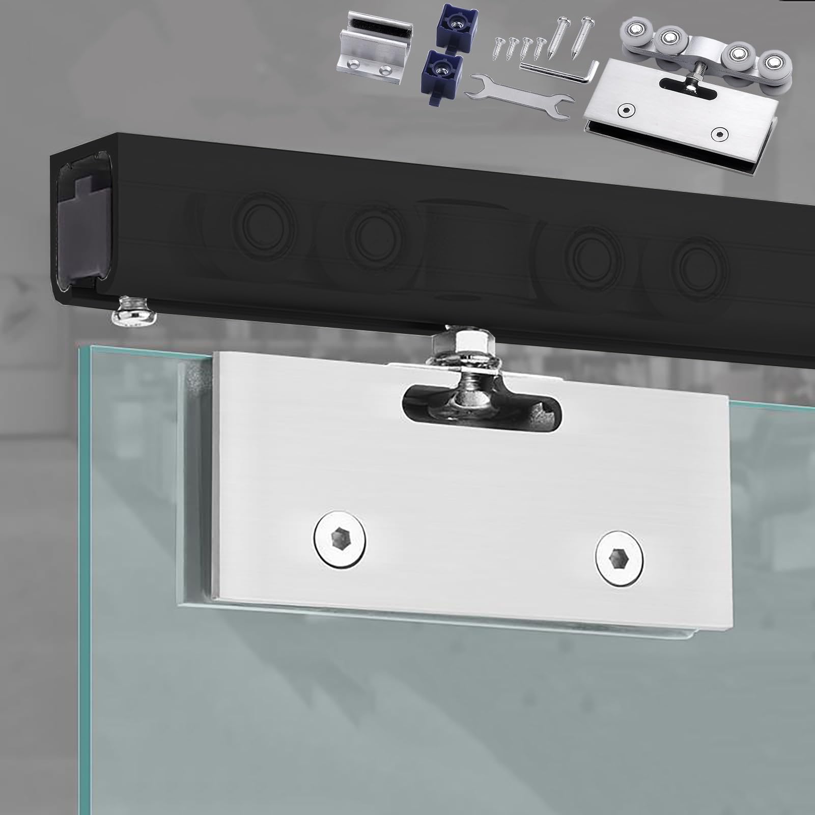 PALSINBY Sliding Glass Door Track Kit, Frameless Glass Sliding Door Kit For 10-12mm Ceiling Mount 70-400cm(Black,190cm (6.2ft))