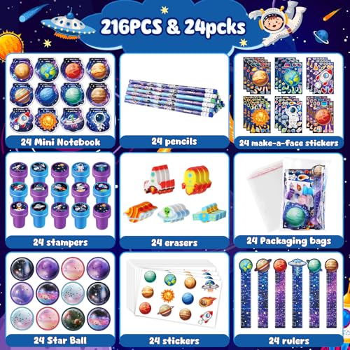 BenLouis 216Pcs Outer Space Themed Party Favors Space Alien Sticker Stampers School Stationery Set Bulk Classroom Prizes for Astronaut Planet Birthday Party Goodie Bags Fillers - Image 2