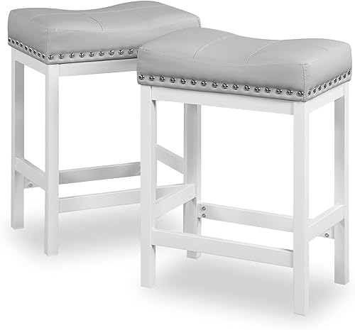 Miniatura 1 de OUllUO Juego de 2 taburetes de bar grises, taburetes de bar de altura de mostrador, taburetes de silla de montar, taburetes de piel sintética con