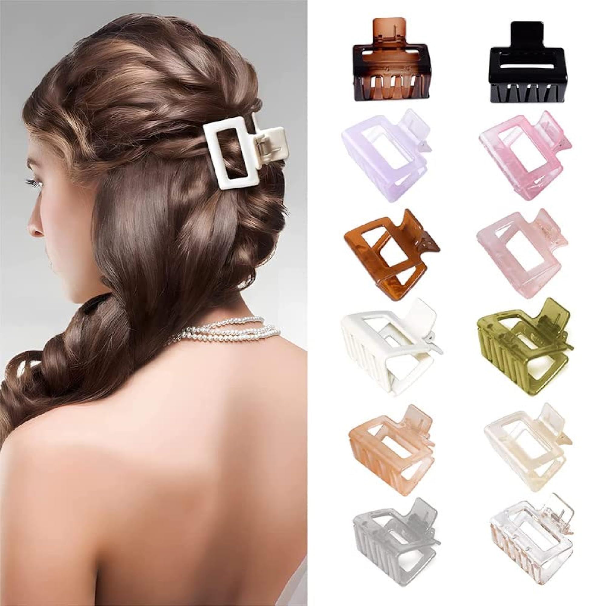 Small Clear Hair Claw Clips for Women, Medium Square Design