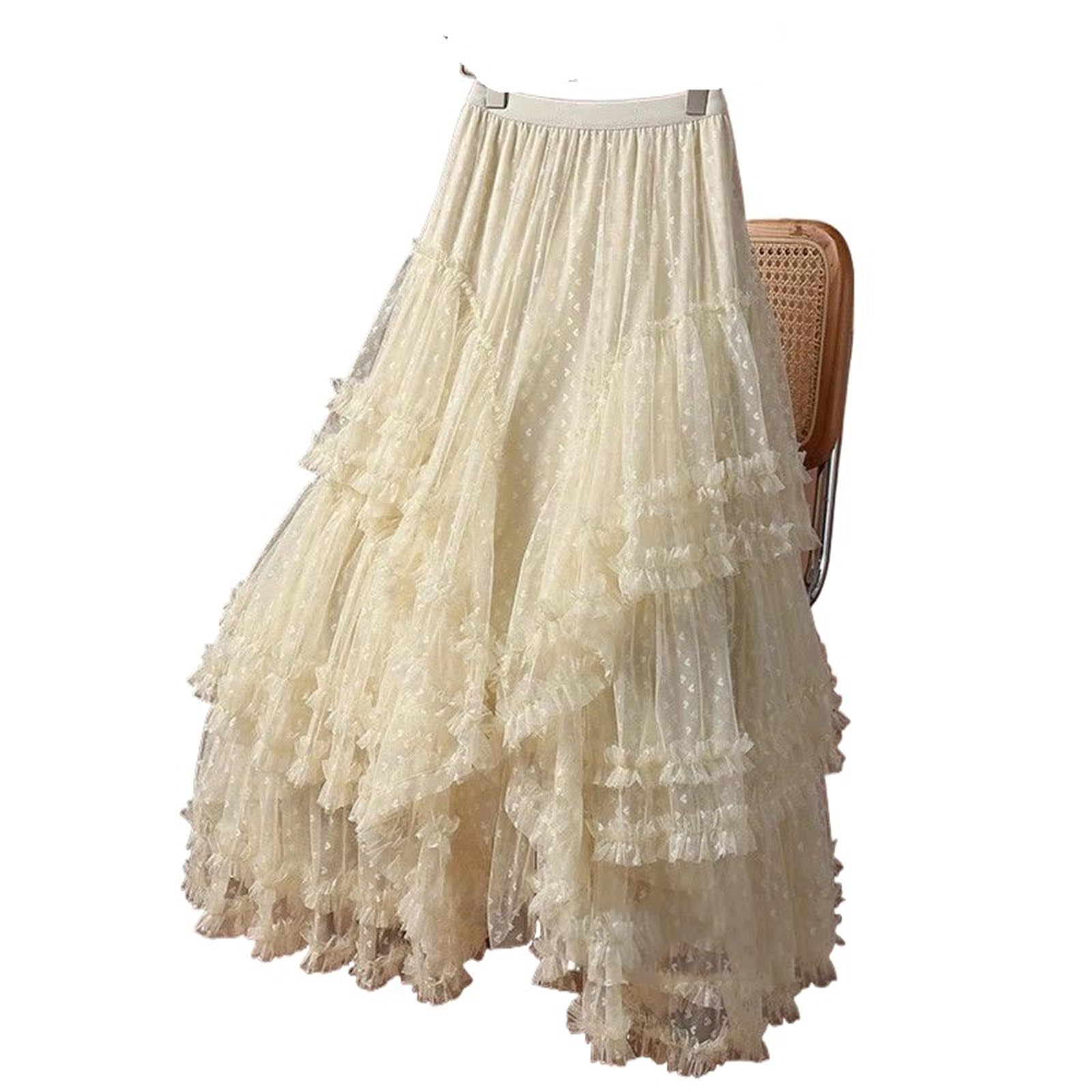 Gonna a Rete Irregolare da Vacanza in Tinta Unita alla Moda Vintage | Gonna a rete irregolare da vacanza Abito da torta da fata pieghettato a vita alta con bordo volant