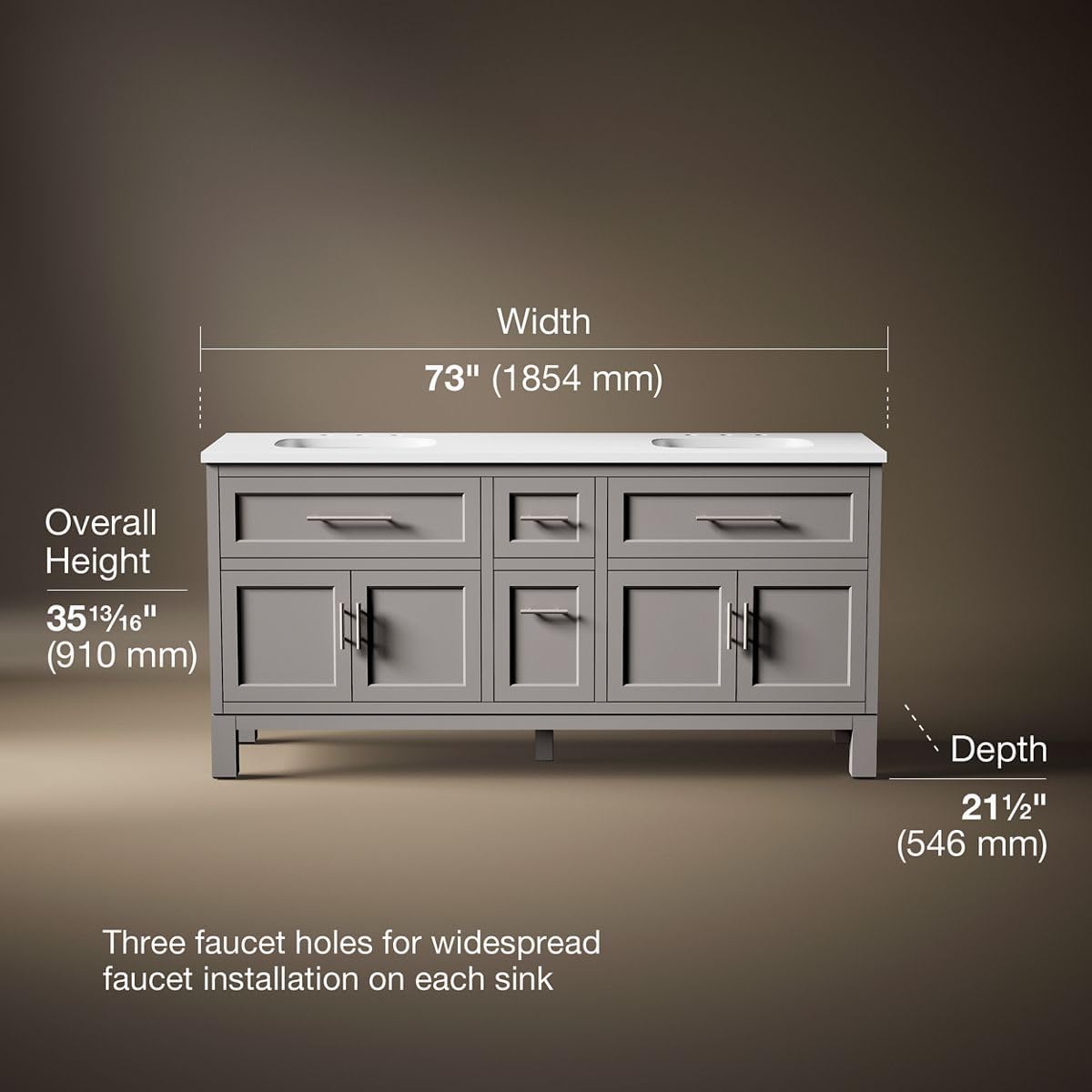 Kohler Quo 72 Inch Bathroom Vanity Cabinet with White Double Sinks and Quartz Top, Modern Bathroom Storage, Mohair Grey, K-31247-ASB-1WT
