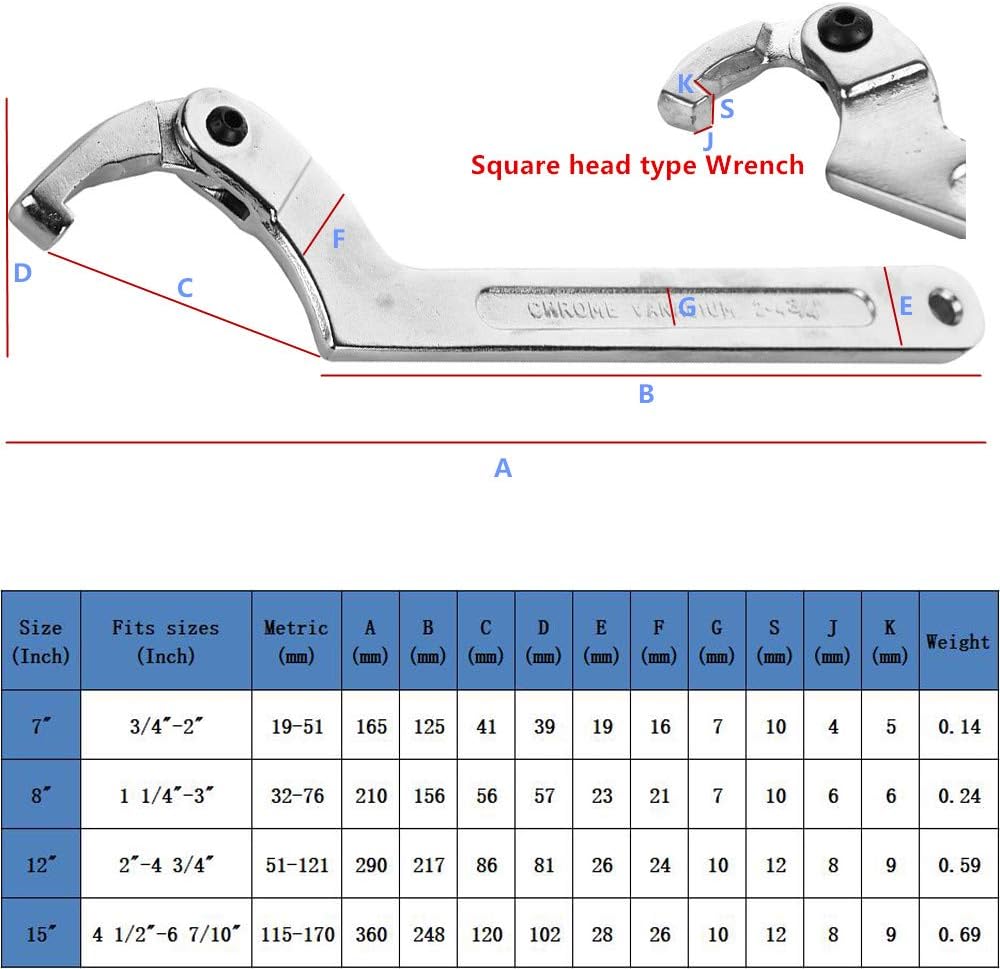 Eowpower Chrome Vanadium C Spanner Tool Adjustable Hook Wrench Square head - 1 1/4-3"(32-76mm)