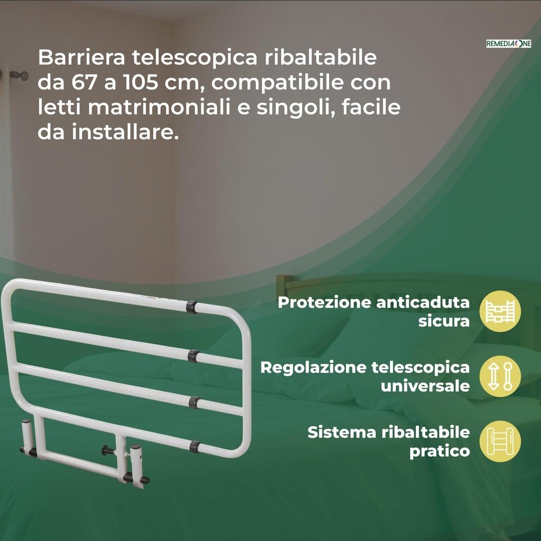 Sponda Letto Matrimoniale Universale Anticaduta, Sponda Letto Anziani e Disabili Ribaltabile e Regolabile - 67–105 cm