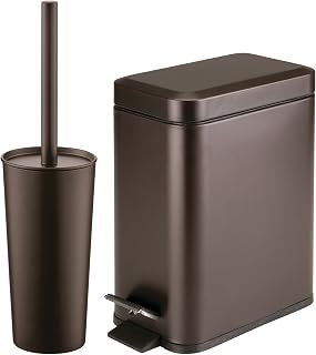 mDesign Bronze Metal Slim Toilet Brush Holder & 1.3 Gal Narrow Step Trash Can Set - Compact Bathroom Storage, 2-Piece