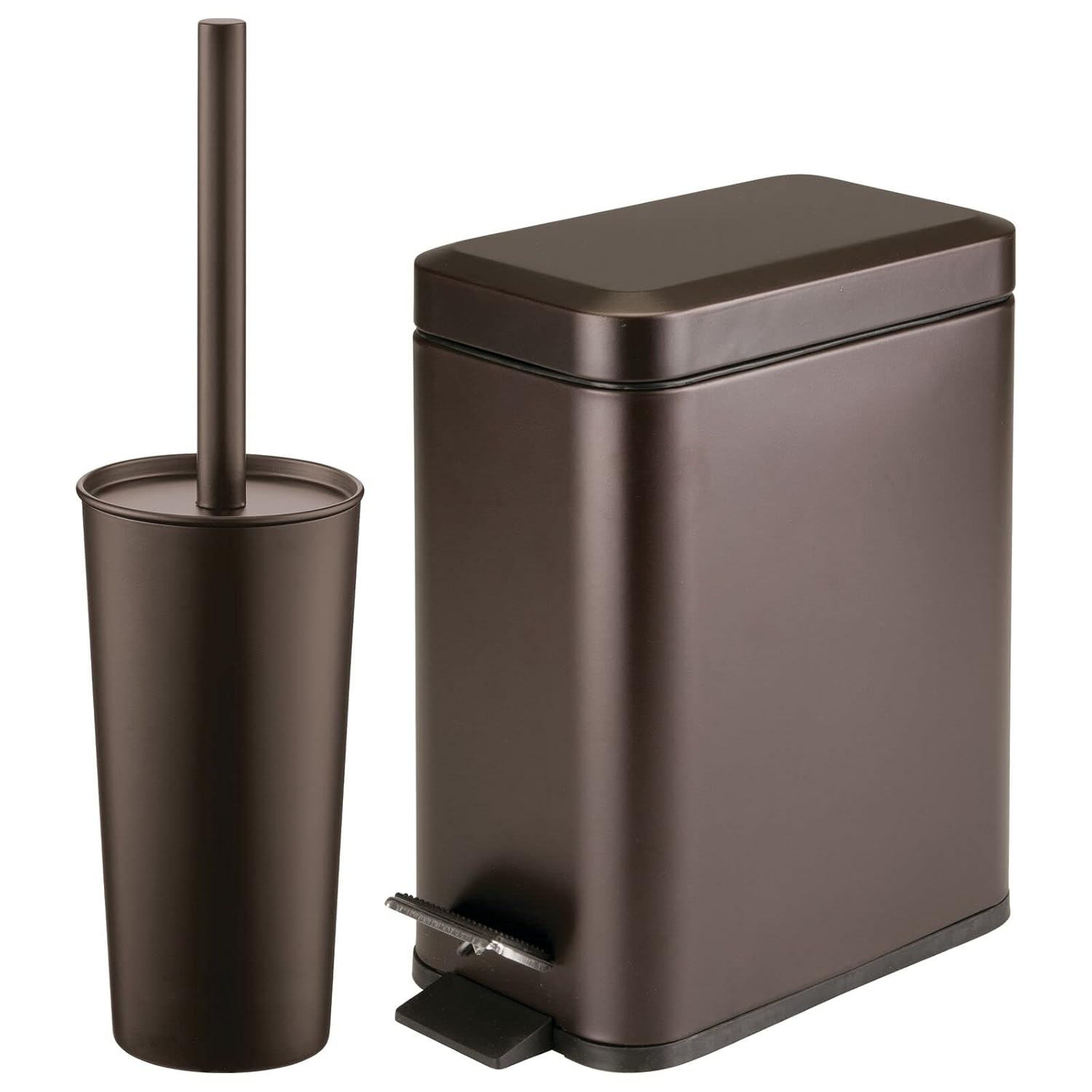 mDesign Bronze Metal Slim Toilet Brush Holder & 1.3 Gal Narrow Step Trash Can Set - Compact Bathroom Storage, 2-Piece