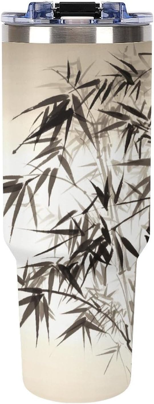 Bamboo Tree Image Chinese Calligraphy Tumbler Stainless Steel Large Car Cup with Handle&Straw Lid Portable Coffee Cup Leak-proof Water Bottle Insulated Vacuum Travel Mug for Home Outdoor 40oz