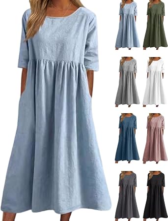 Womens Casual Basic Outdoor Crew Neck Pocket Smocked Cotton Dress, Loose Half Sleeve Linen Beach Maxi Dresses Pockets