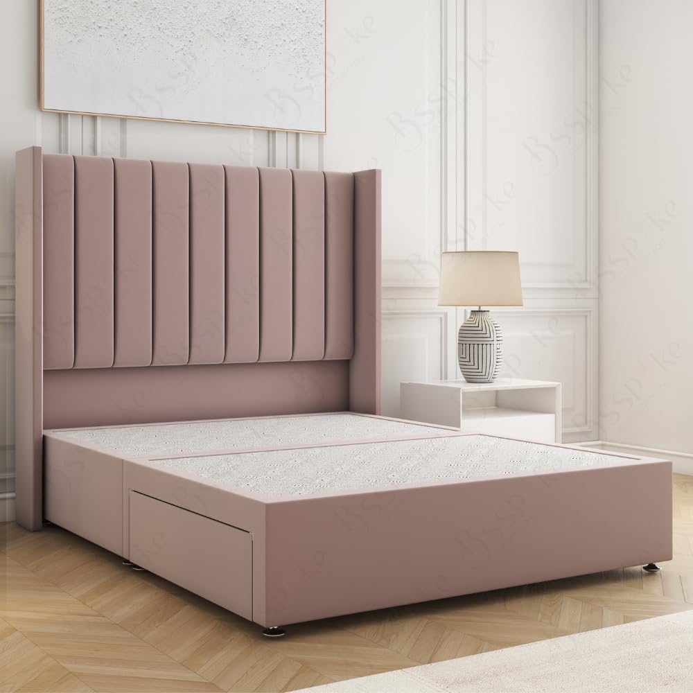 BSSPOKE Hannah Velvet Upholstered Platform Divan Bed Base with Storage Drawers & 54” Wingback Panel Headboard, No Mattress (Pink, Fabric Swatch)