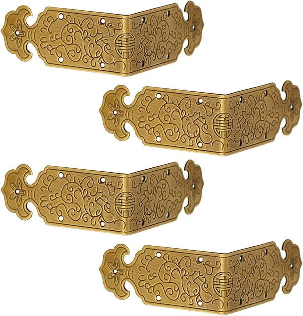 Tiazza 4Pcs Vintage Style Antique Brass Embossing Decorative Corner Protectors Classical Furniture Tables and Chairs TV Cabinet Corner Braces Guard Edge Cover