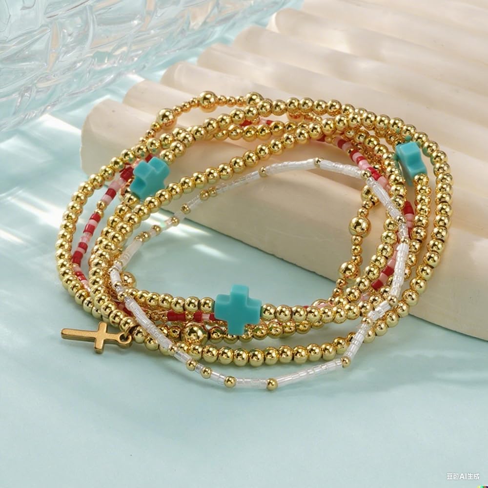14K Gold Cross Bracelets for Women Dainty Boho Stretch Stackable Colorful Small Seed Bead Beads Ball Cross Bracelet Stack Non Tarnish Christian Jewelry Accessories Trendy Friendship Gift - Image 5