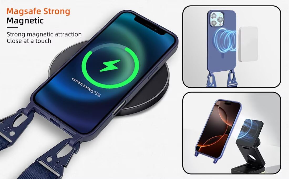 Etui ochronne z łańcuszkiem do telefonu, kompatybilne z iPhone 6/iPhone 7/iPhone 8, etui na telefon komórkowy z opaską, bezprzewodowe etui do ładowania, smycz na szyję, silikonowe etui