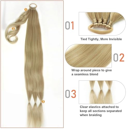 Miniatura 9 de Extensiones de cola de caballo trenzada de 20 pulgadas de largo para mujer, extensiones de cabello lacio envolvente con banda para el cabello, cola